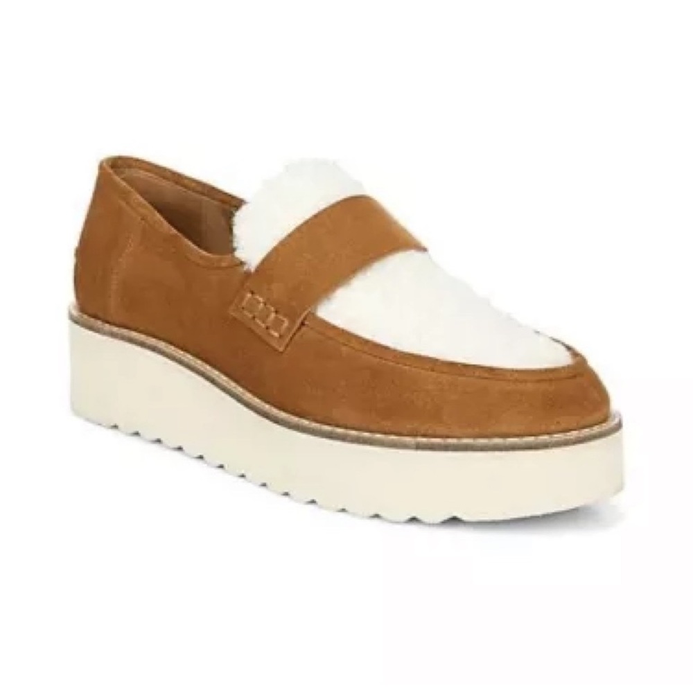 Vince Zola Platform Faux Shearling Tan & Cream Loafers, Size 7